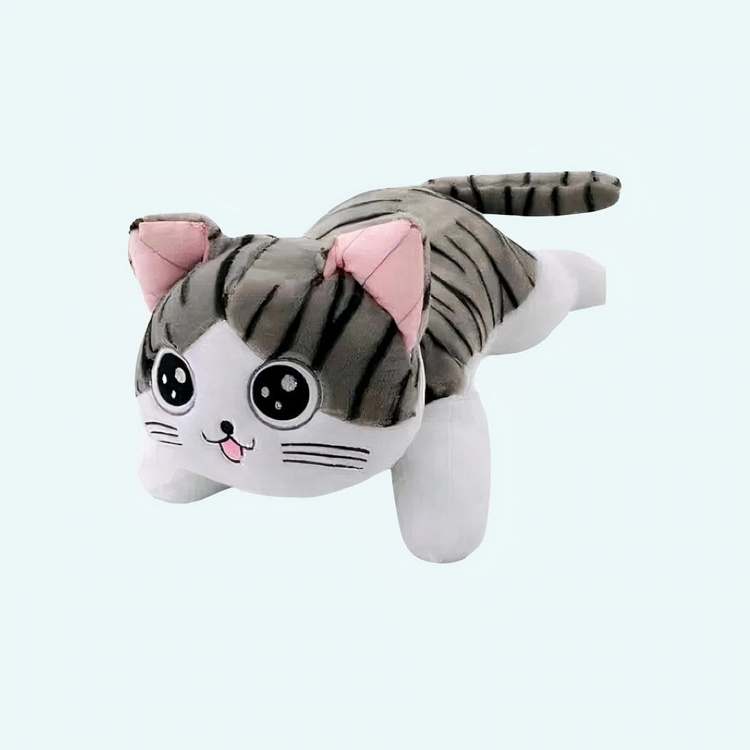 Gestreepte Grijs Witte Zachte Kawaii Knuffelkat met Zwarte Ogen De Knuffel