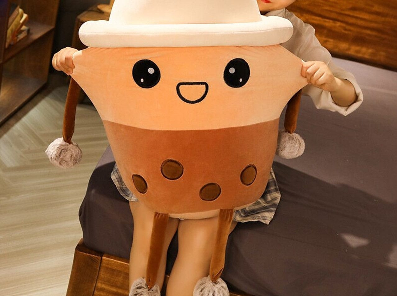 Glimlachende Bubble Tea Boba Knuffel Beige en Wit De Knuffel