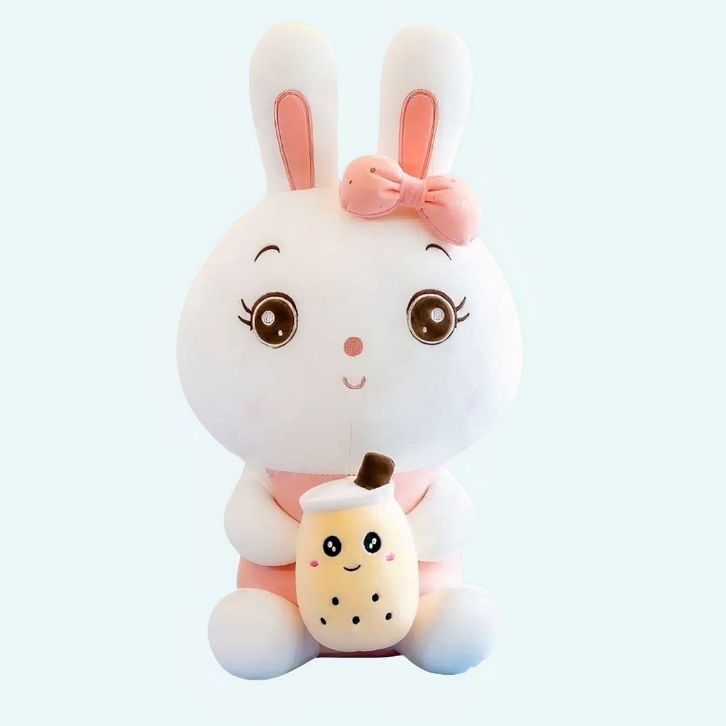 Knuffel Konijn Bubble Tea Geborduurde Ogen Strikje Compact Formaat De Knuffel 40-cm