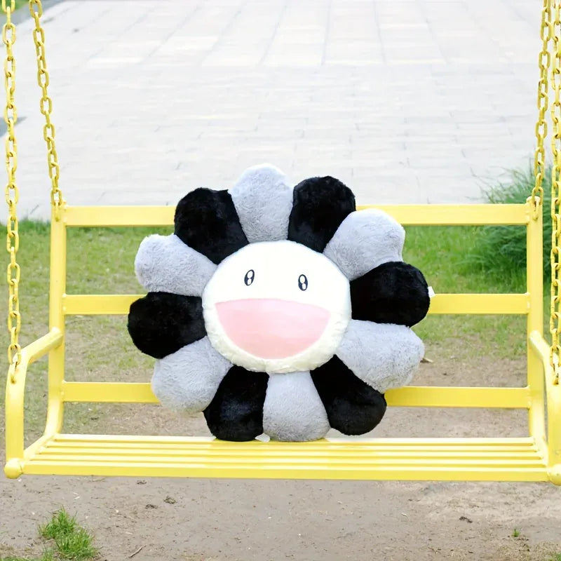 Zonnebloem Kussen Pluche | Lachende Bloem Knuffelkussen De Knuffel Grijs zwart