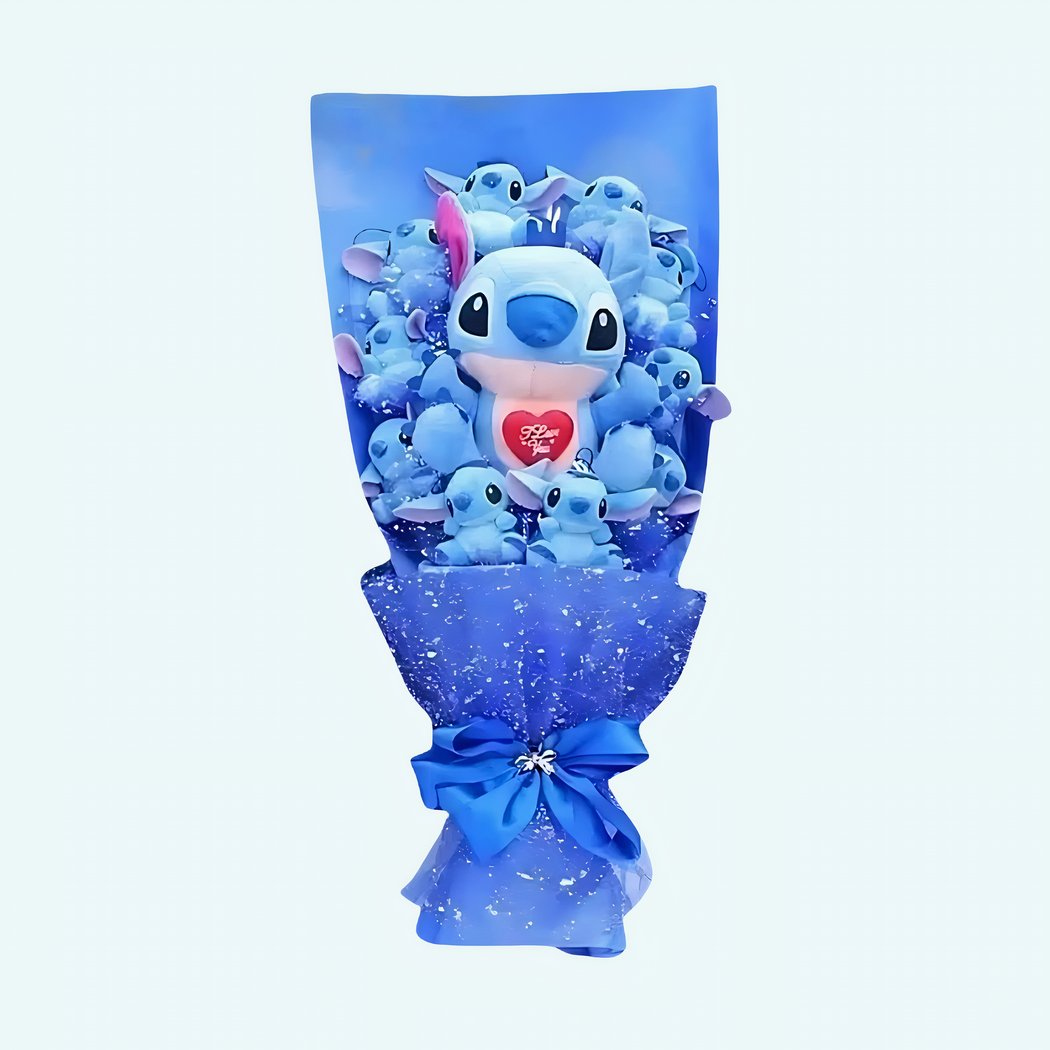 Pluche boeket van Stitch met "Ik hou van jou"-motief