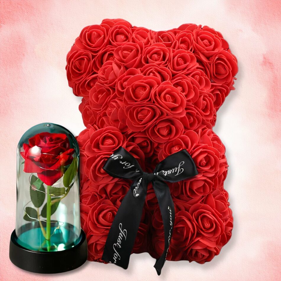Valentijnsdagcadeauset met teddyberen in rozen en een eeuwige roos.