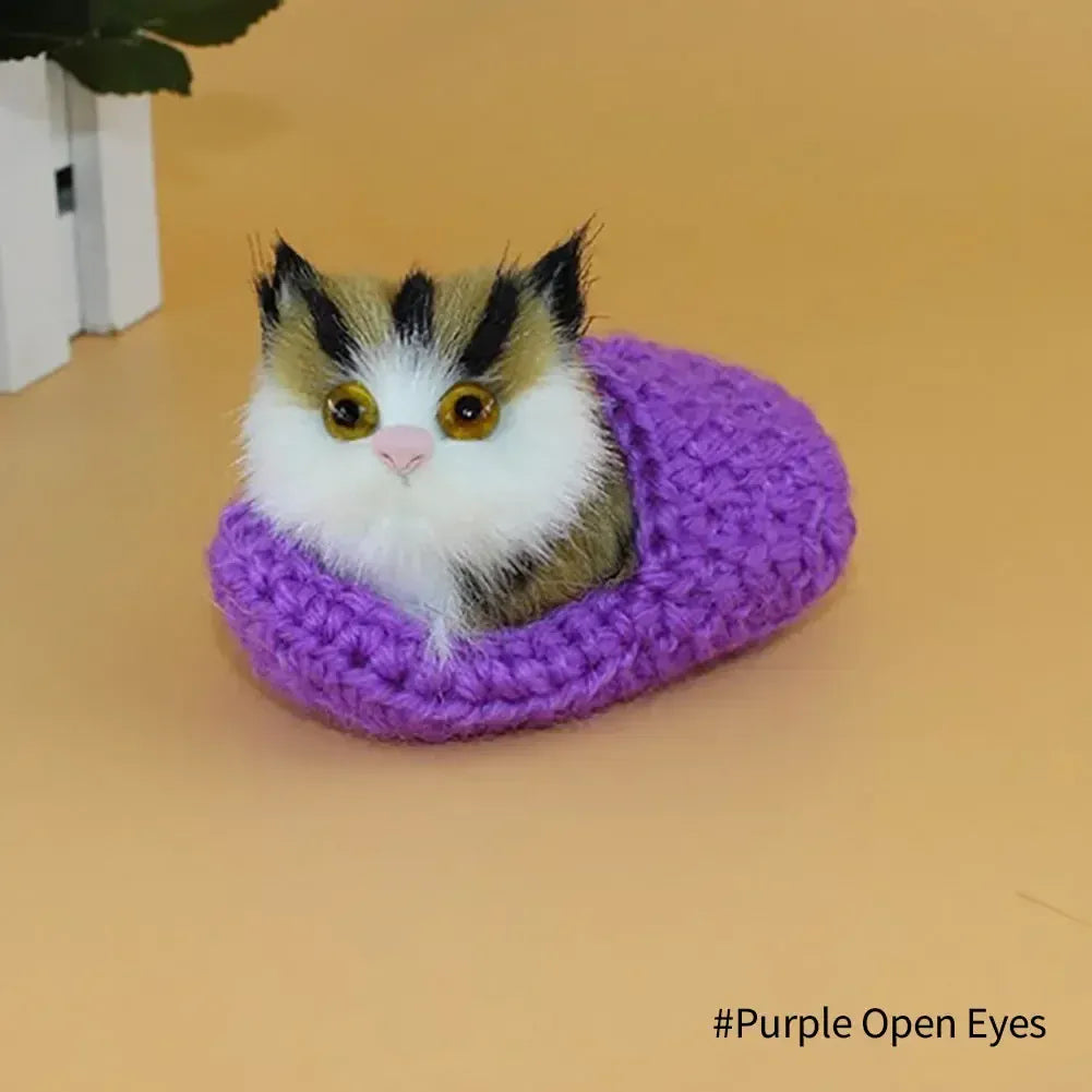 Slapend Poesje met Geluid | Realistische Kat Knuffel, 20 Modellen De Knuffel Mandje Paars, Ogen Open
