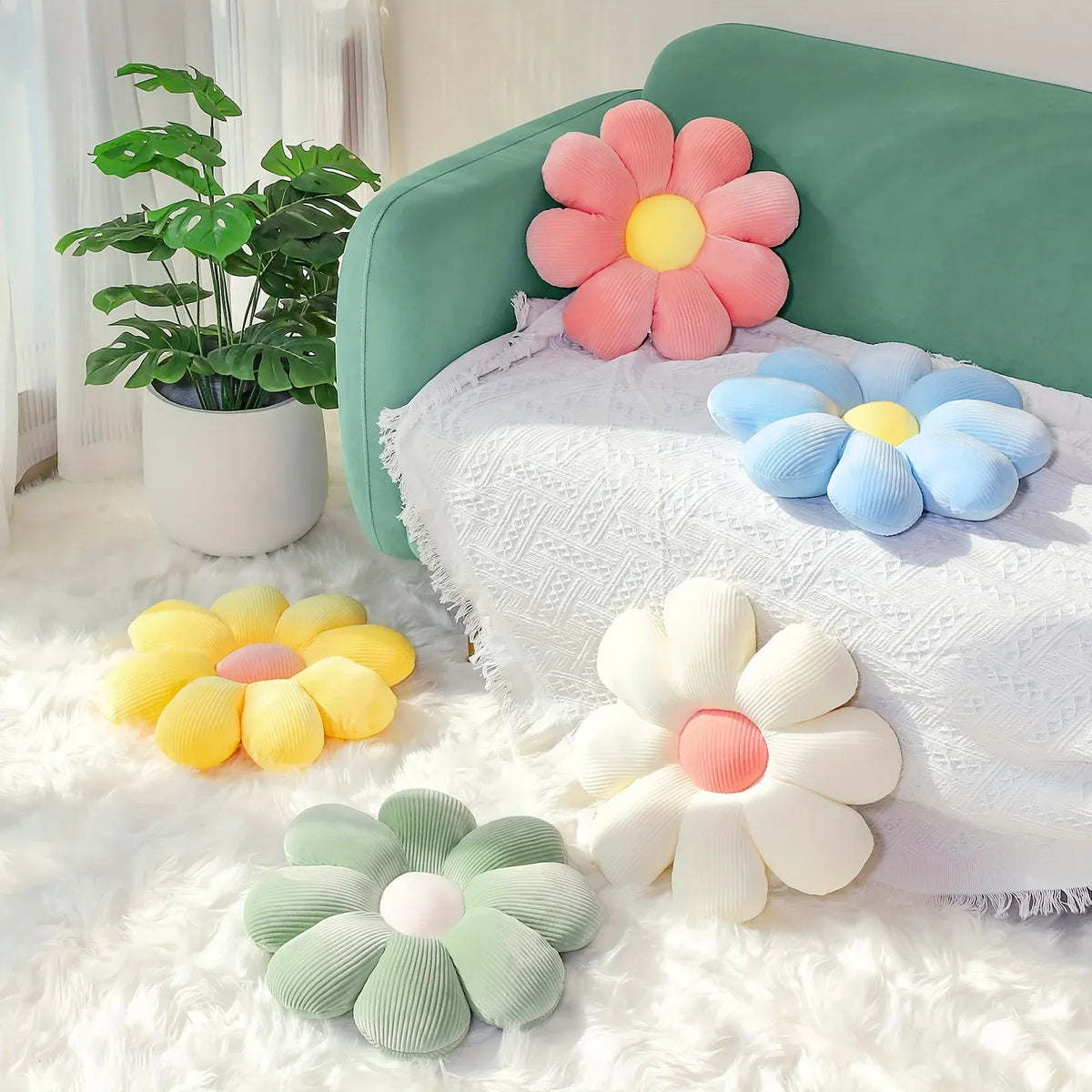 Bloem Zitkussen Pluche | Rond Bloemkussen in 4 Kleuren De Knuffel