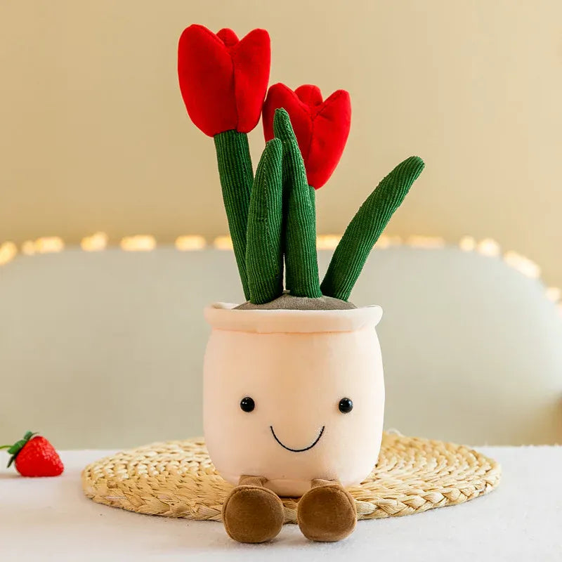 Tulp in Pot Knuffel 25 of 35 cm | Pluche Bloem in 8 Kleuren De Knuffel Rood 35 cm
