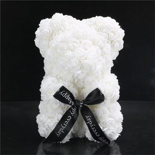 Beertje en Kunstmatige Rozen met Strik voor Valentijnsdag De Knuffel wit