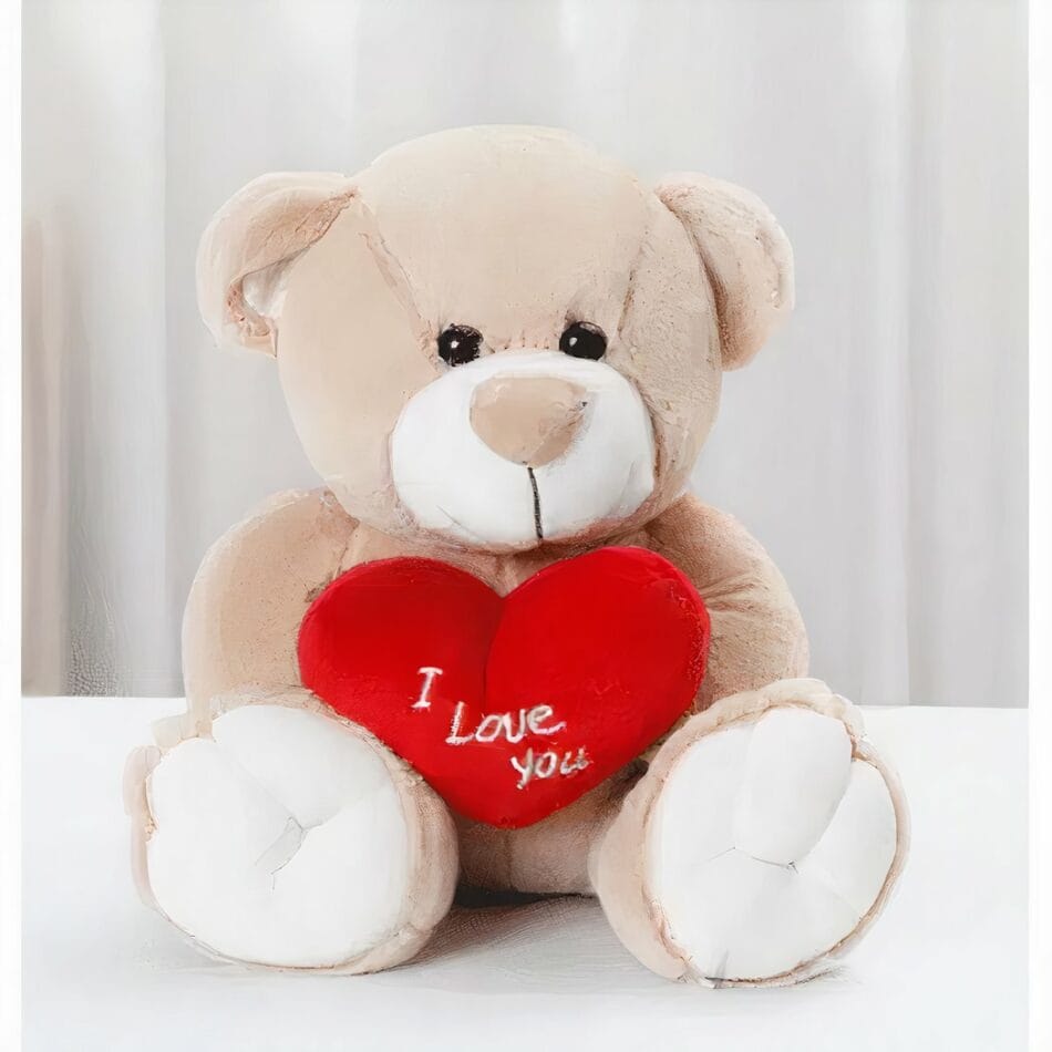 Beige Knuffelbeer Amour met Rood Hart aan de Hals De Knuffel