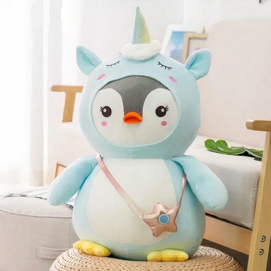 Blauwe Knuffel Pinguïn Verkleed Als Eenhoorn Met Glanzende Hoorn De Knuffel