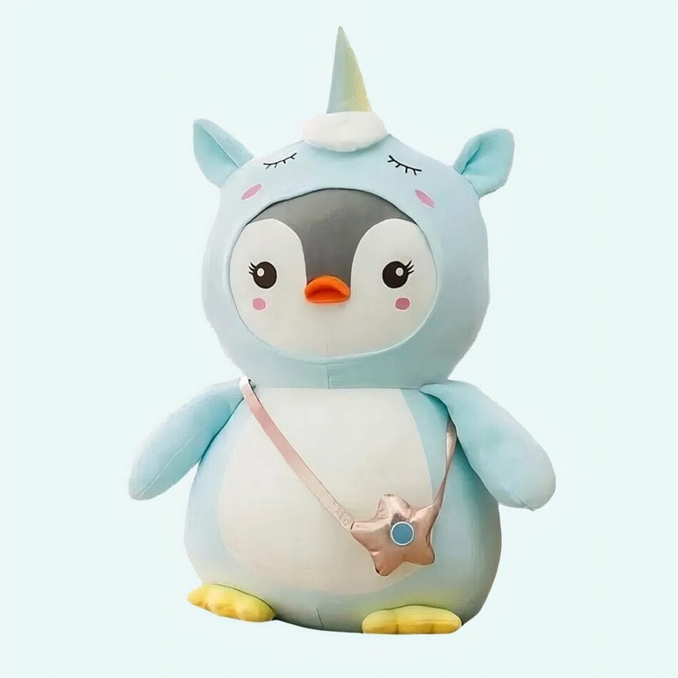 Blauwe Knuffel Pinguïn Verkleed Als Eenhoorn Met Glanzende Hoorn De Knuffel