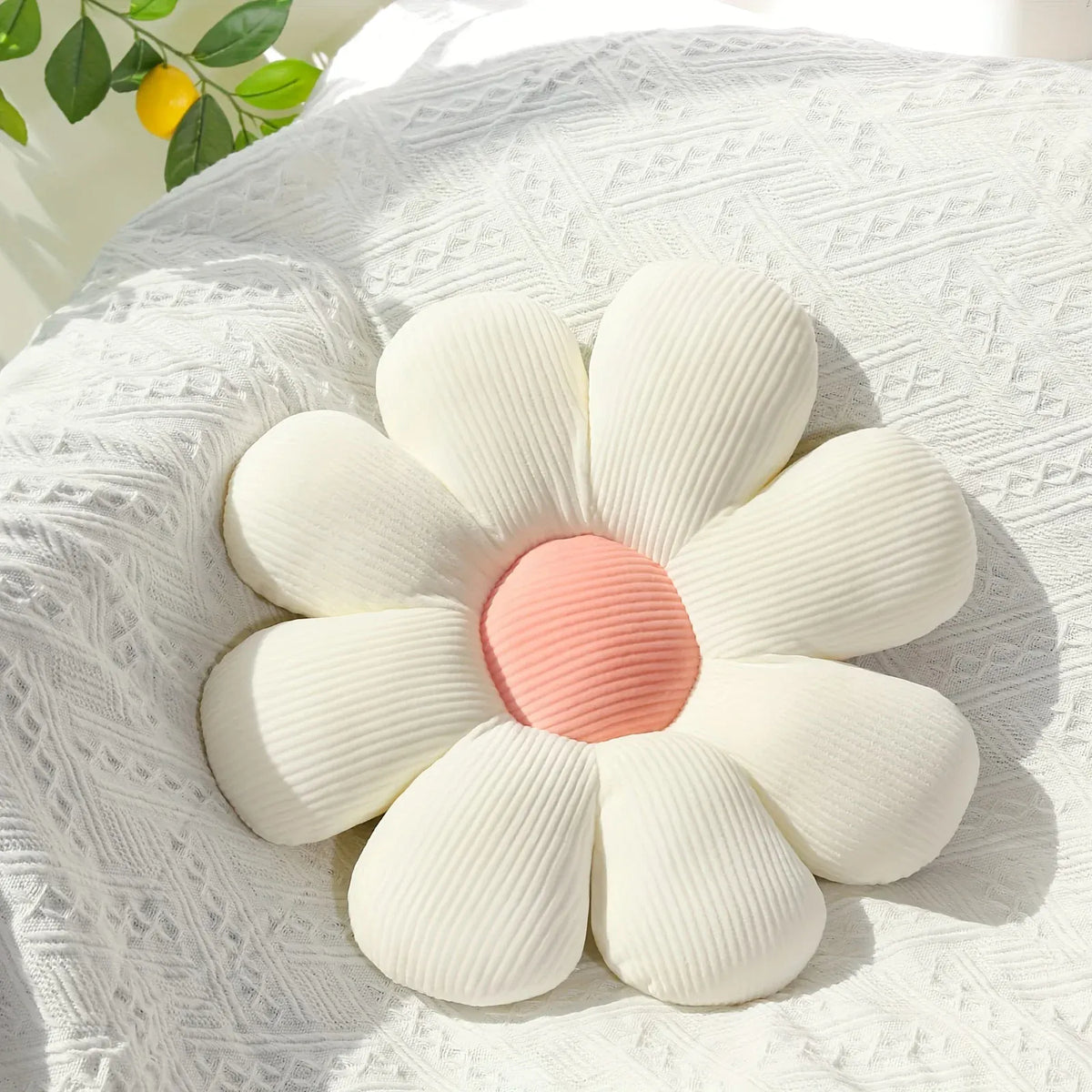 Bloem Zitkussen Pluche | Rond Bloemkussen in 4 Kleuren De Knuffel Wit