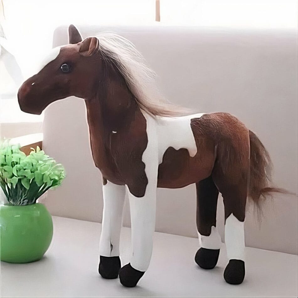 Bruin-Witte Knuffel Paard met Zachte Vacht en Witte Manen en Staart De Knuffel