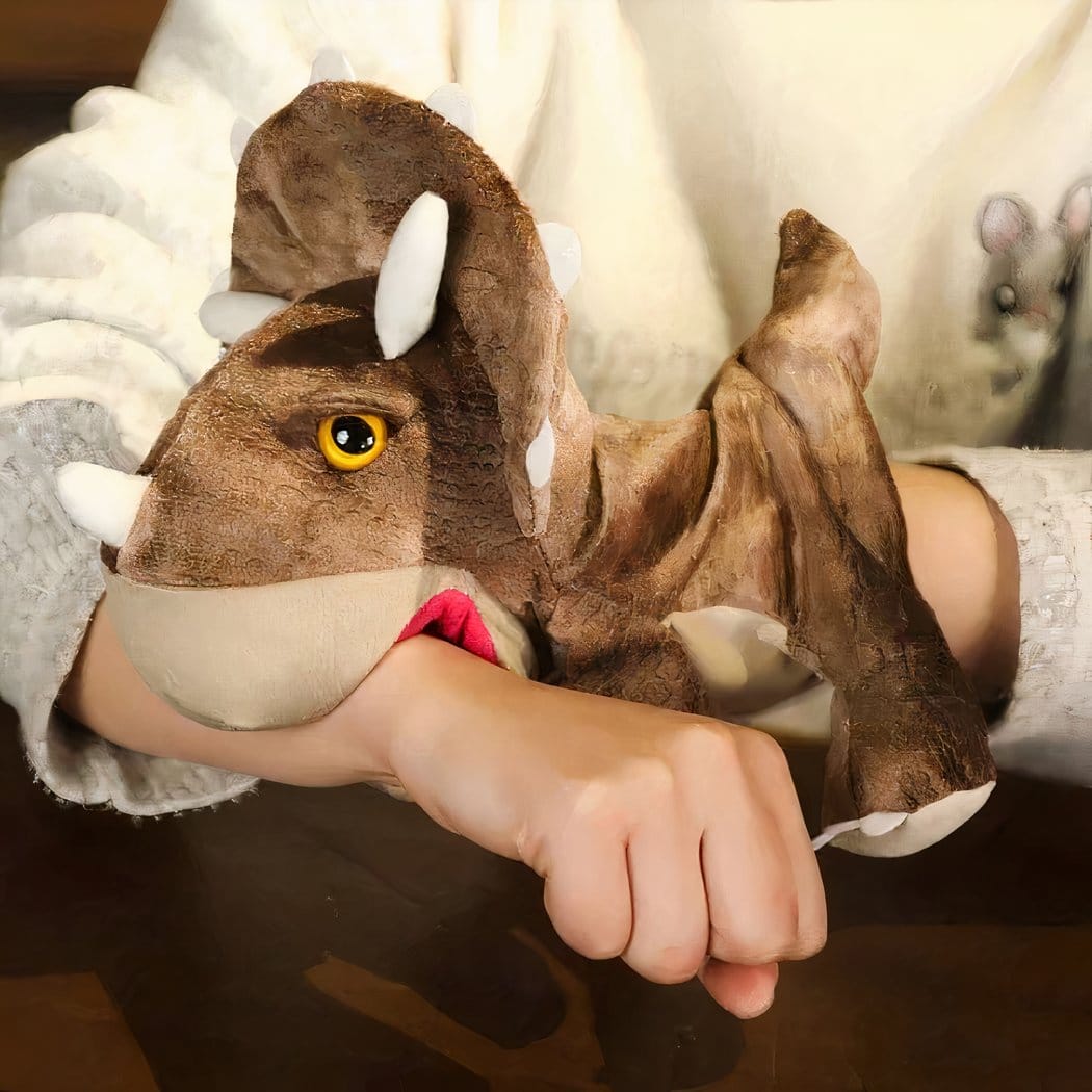 Bruine Dinosaurus Knuffel Handpop, 25 cm, Speels Theatervriendje De Knuffel