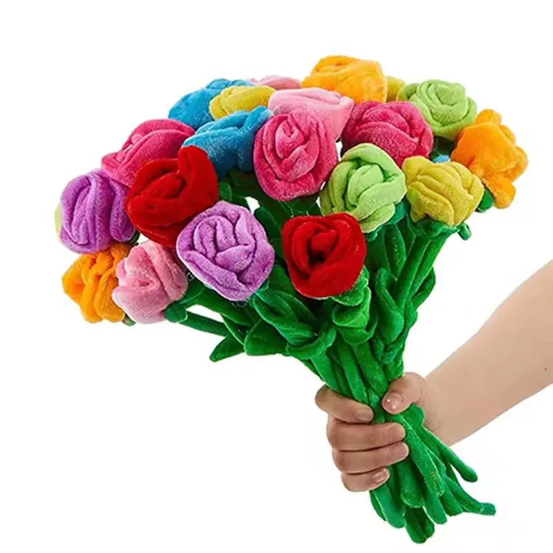 Buigbare Pluche Rozen Set van 6 | Kleurrijk Rozenboeket De Knuffel