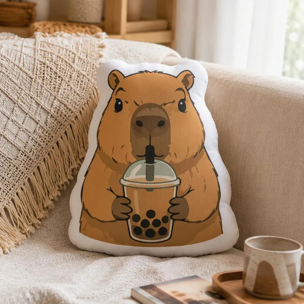 Capybara Bubble Tea Knuffelkussen | Vrolijk Pluche Sierkussen De Knuffel