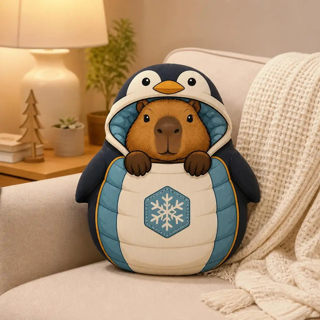 Capybara en Pinguïn Knuffelkussen | Winter Pluche Sierkussen De Knuffel