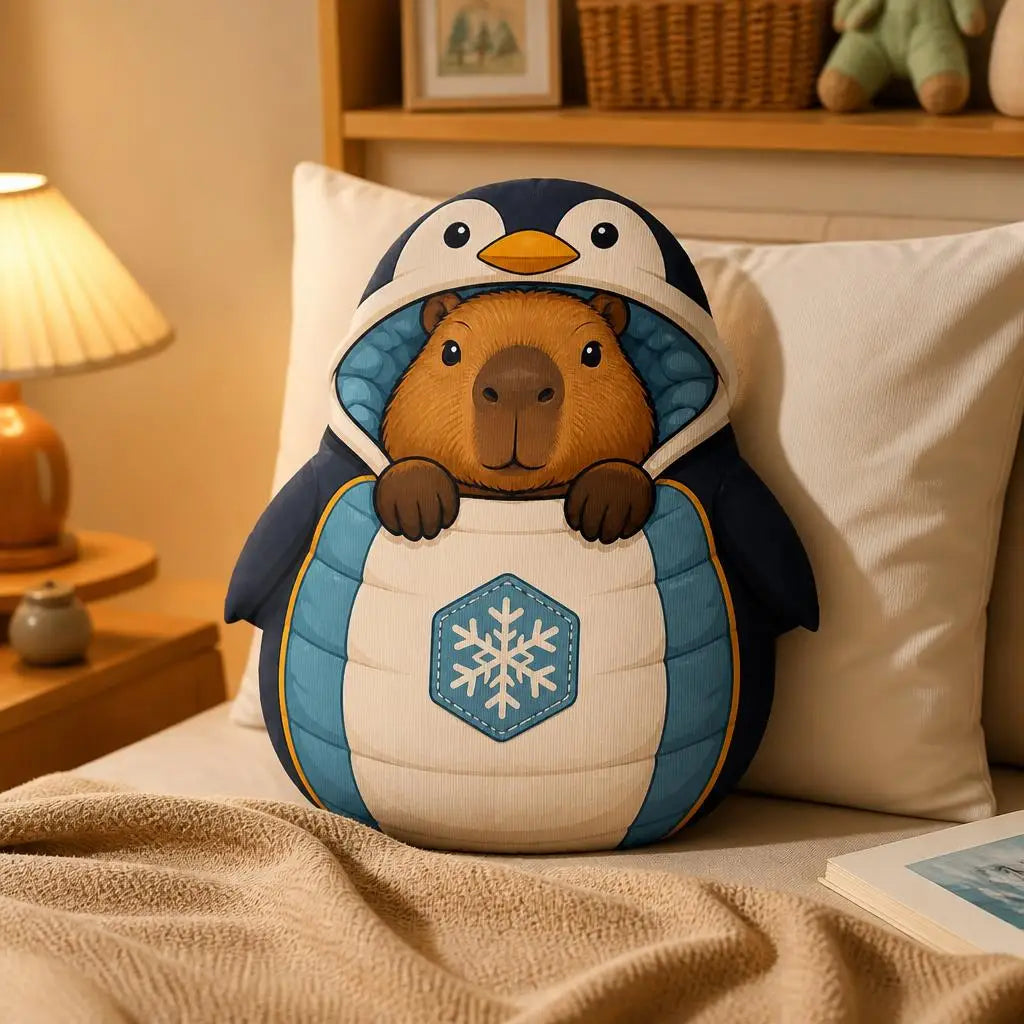Capybara en Pinguïn Knuffelkussen | Winter Pluche Sierkussen De Knuffel