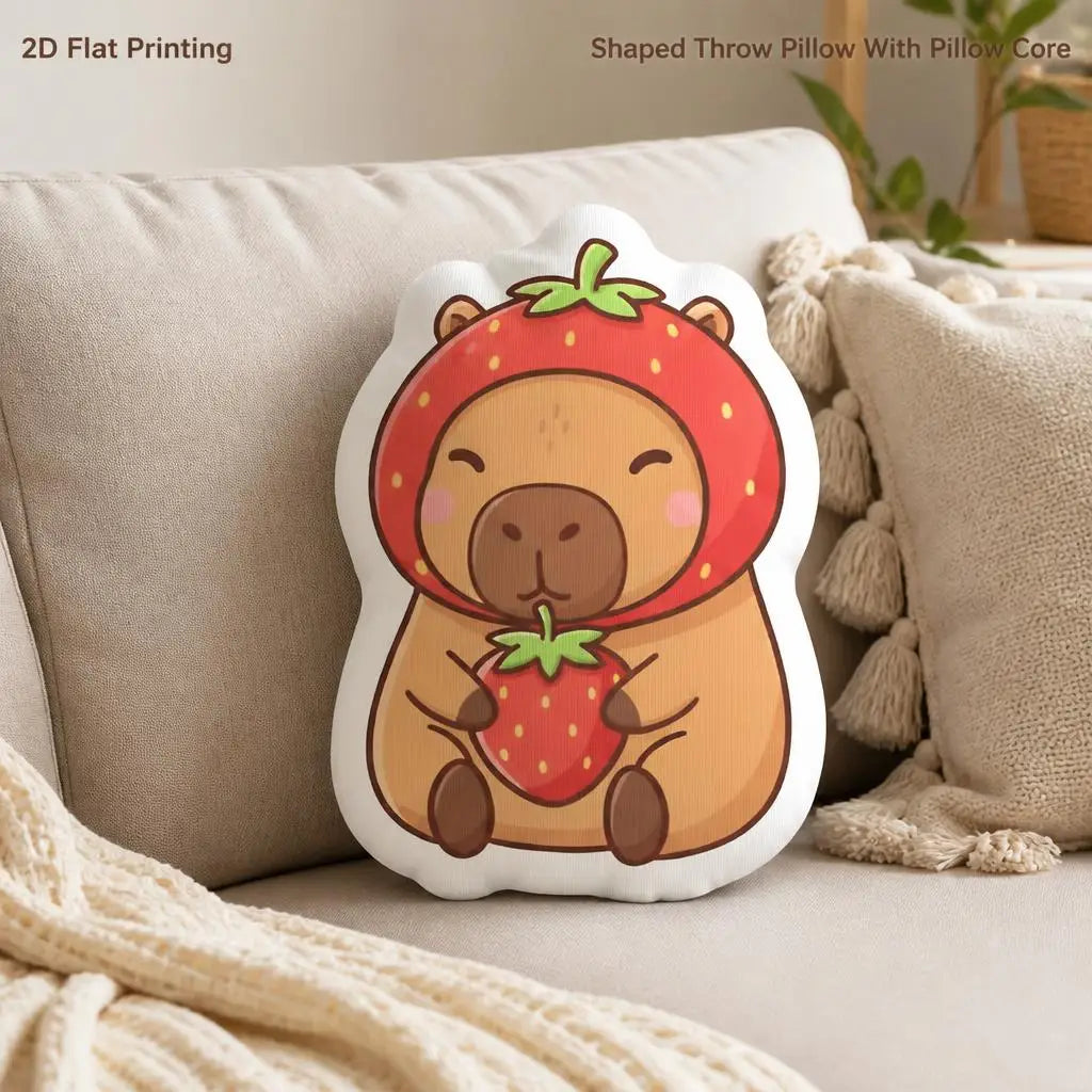 Capybara in Aardbeienpakje Knuffelkussen | Pluche Sierkussen De Knuffel