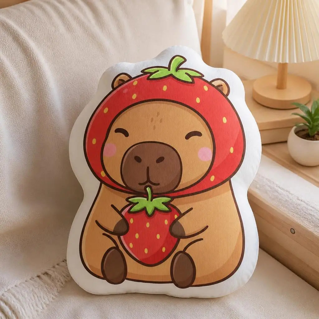 Capybara in Aardbeienpakje Knuffelkussen | Pluche Sierkussen De Knuffel