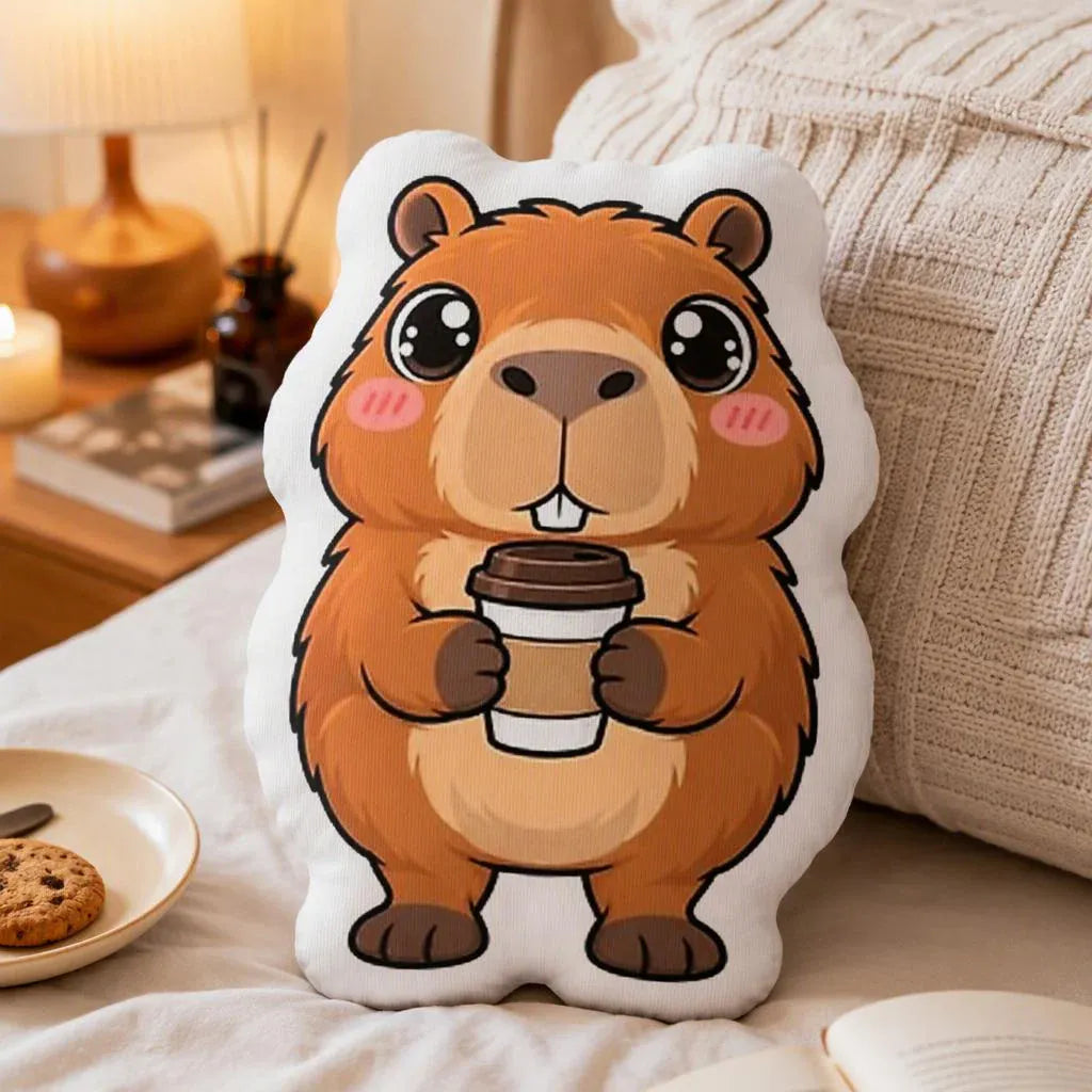 Capybara met Koffie Knuffelkussen | Pluche Sierkussen De Knuffel