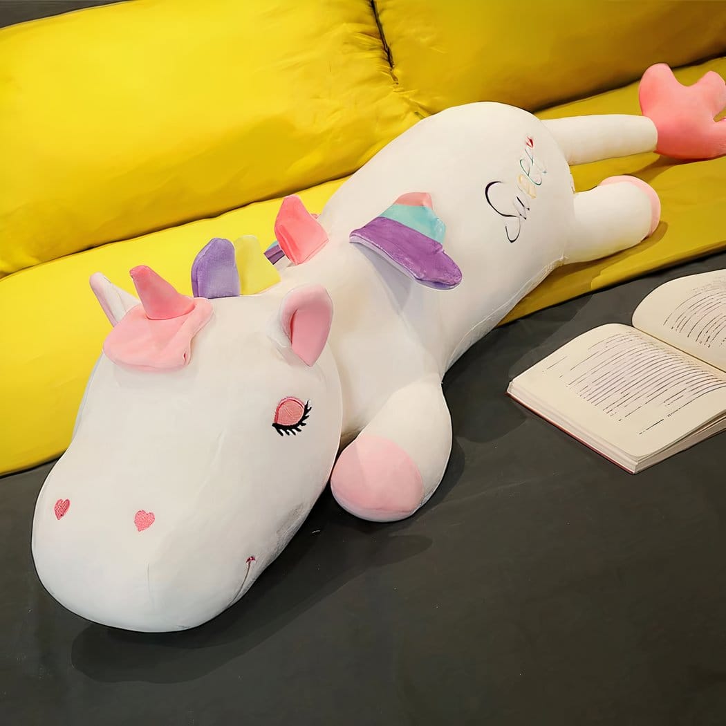Eenhoorn Knuffel XXL Liggend Met Kleurrijke Manen Zacht De Knuffel wit