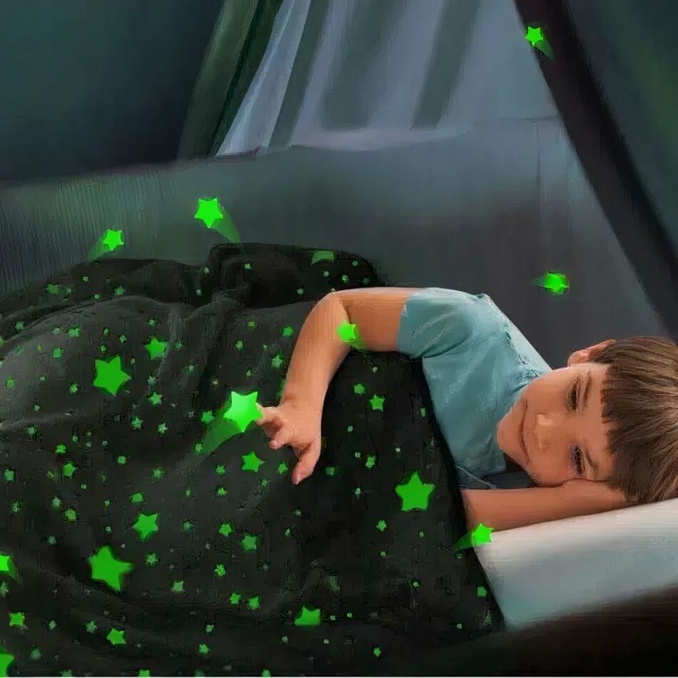 Fluorescerende Deken Met Sterrenlicht Gloeiend In Het Donker De Knuffel