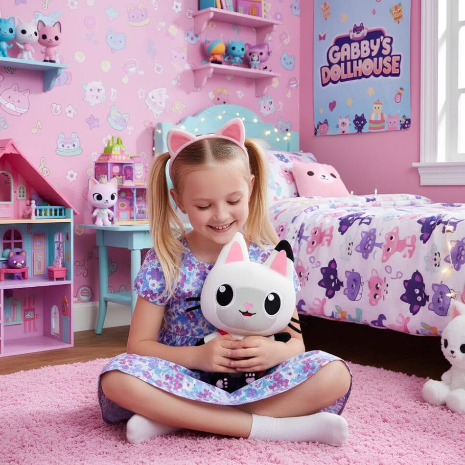 Gabby's Dollhouse Pandy Paws Knuffel met Roze Oren en Roze Tas De Knuffel