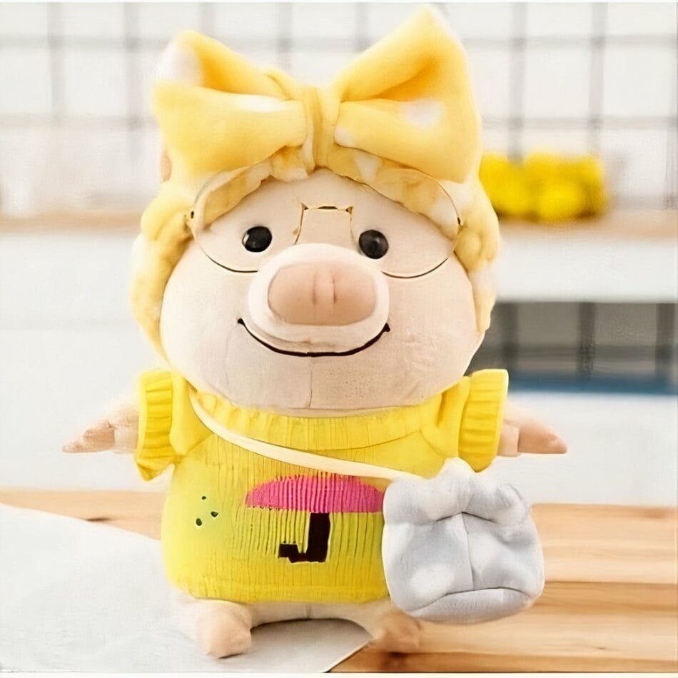 Geel Knuffelvarken met Hoodie en Grijs Broekje De Knuffel