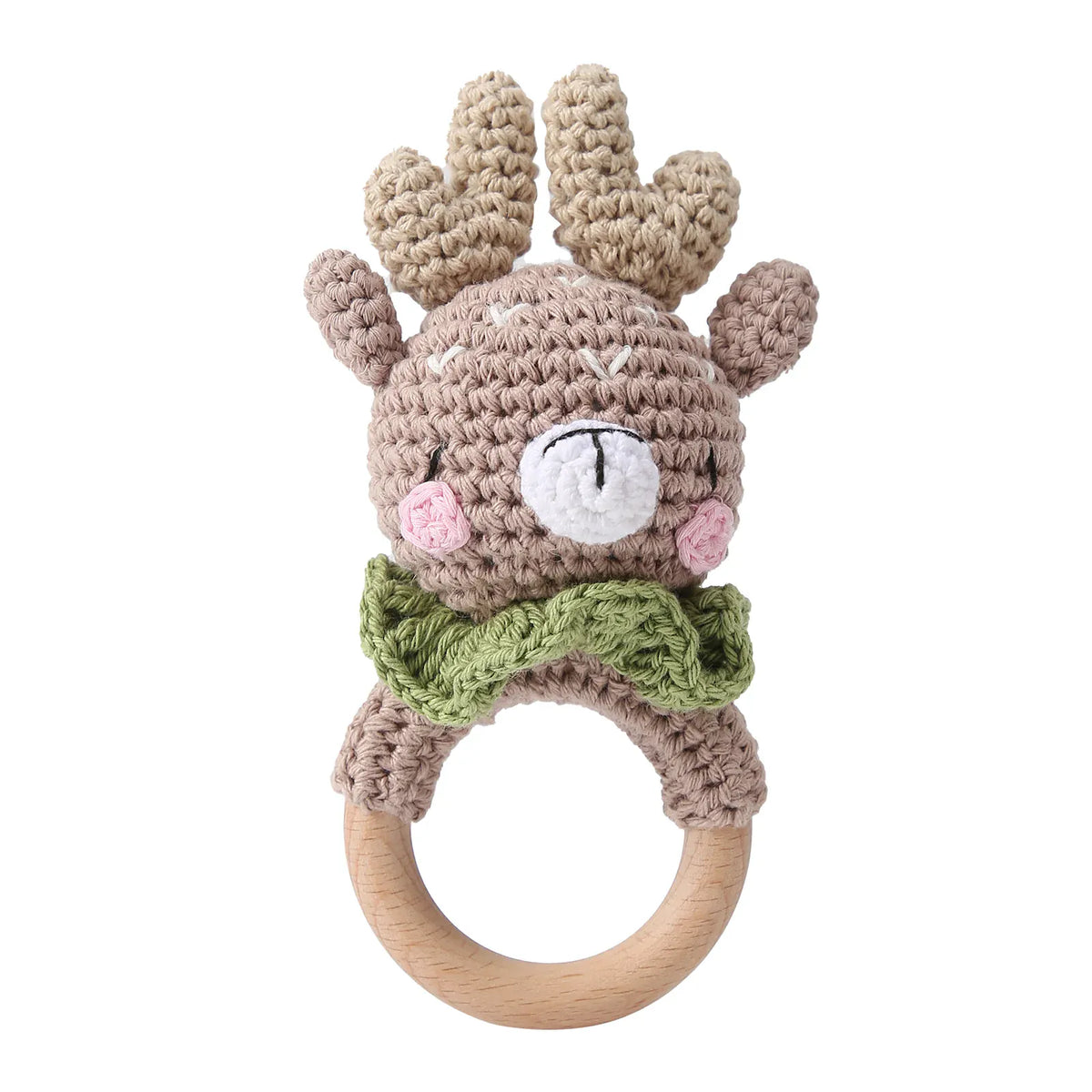 Gehaakte Dieren Rammelaar | Babyknuffel met Houten Ring, 13 Dieren De Knuffel Eland