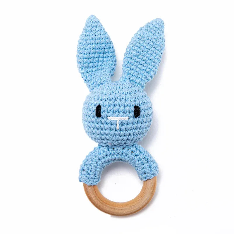 Gehaakte Dieren Rammelaar | Babyknuffel met Houten Ring, 13 Dieren De Knuffel Blauw konijn