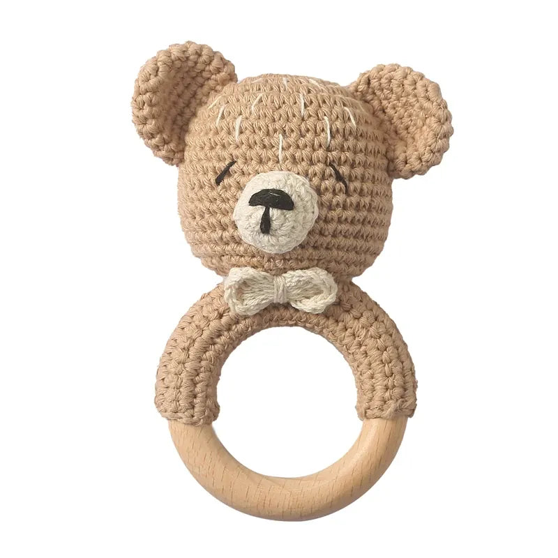 Gehaakte Dieren Rammelaar | Babyknuffel met Houten Ring, 13 Dieren De Knuffel Bruine beer