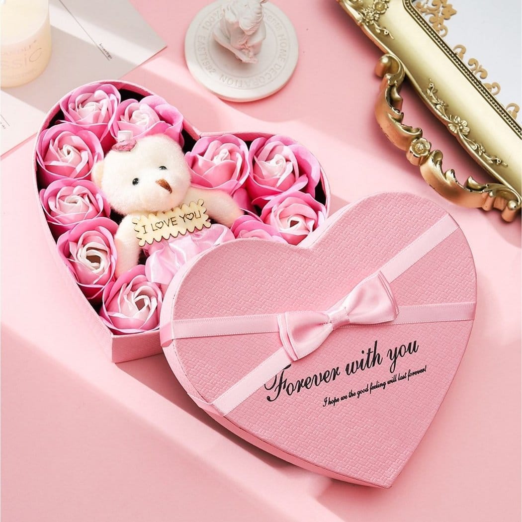 Geschenkset Hart en Savon met Pluchen Beer De Knuffel roze