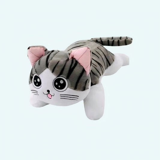 Gestreepte Grijs Witte Zachte Kawaii Knuffelkat met Zwarte Ogen De Knuffel