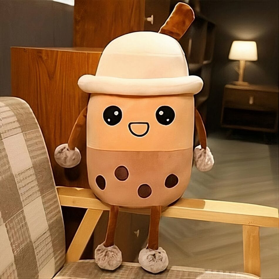 Glimlachende Bubble Tea Boba Knuffel Beige en Wit De Knuffel