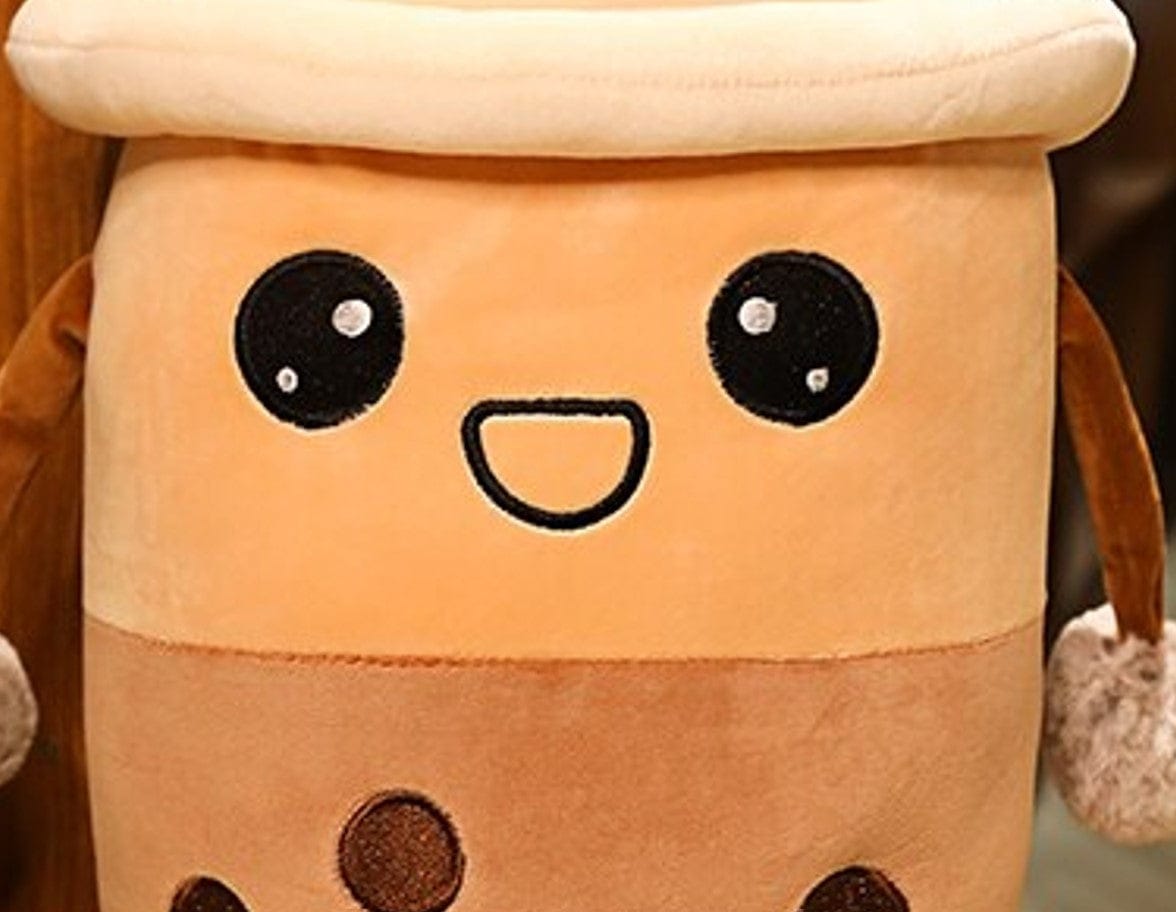 Glimlachende Bubble Tea Boba Knuffel Beige en Wit De Knuffel