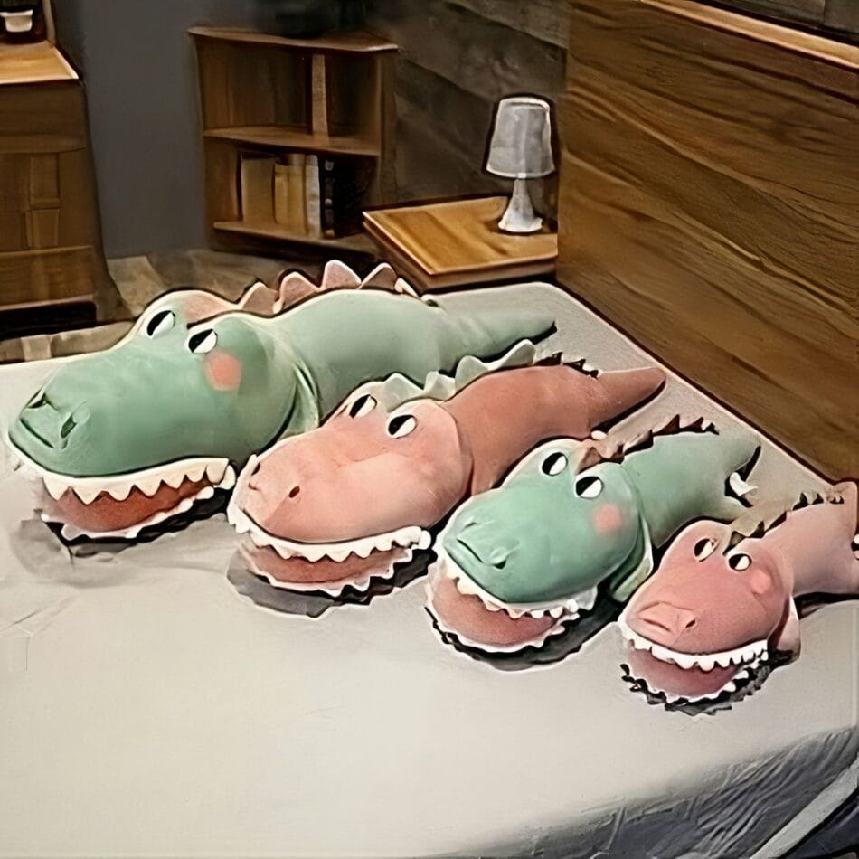 Grappige Groene Knuffel Krokodil Met Roze Mond En Witte Tanden De Knuffel