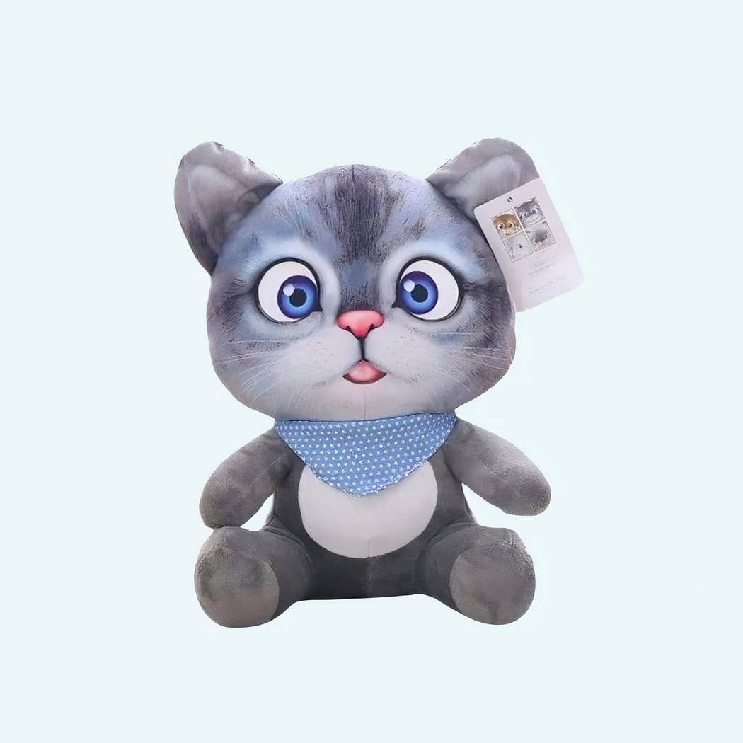Grijze Cartoon Knuffelkat Van Zacht Pluche Met Blauw Slabje De Knuffel