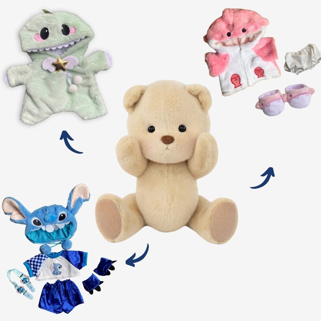 Handgemaakte Knuffelbeer Met Beweegbare Gewrichten Haai Kostuum De Knuffel roze / pack-ours-marron-requin-dinosaure-stitch