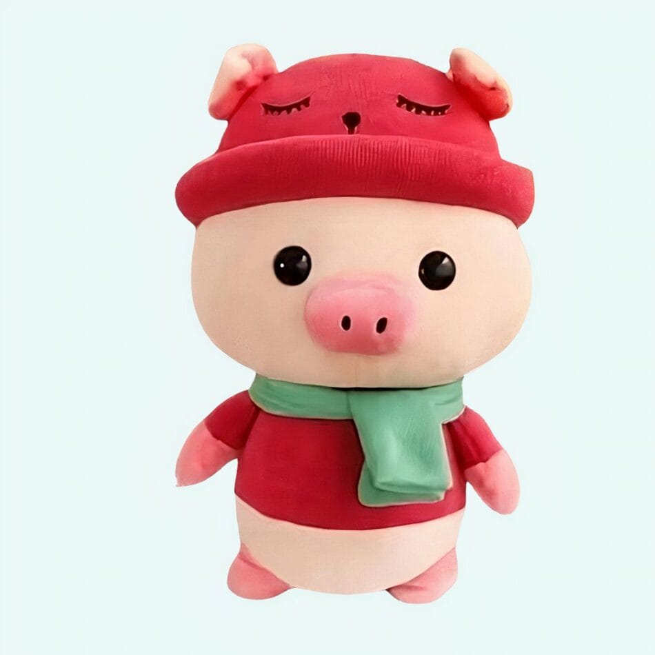 Hartvormige Knuffel Varken in Rode Jurk met Paarse Knopen Witte Vacht De Knuffel