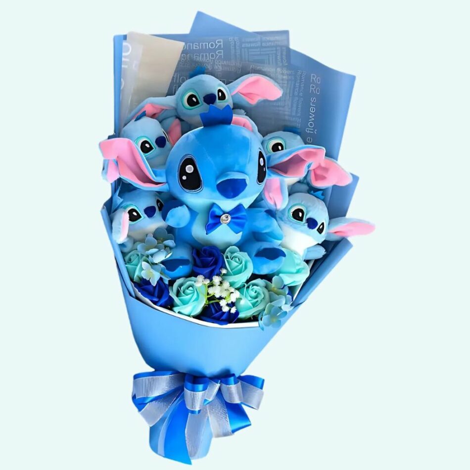 Het pluche boeket van Stitch en zijn mooie bloemen.