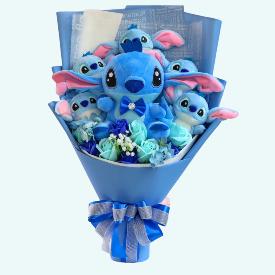 Het pluche boeket van Stitch en zijn mooie bloemen.