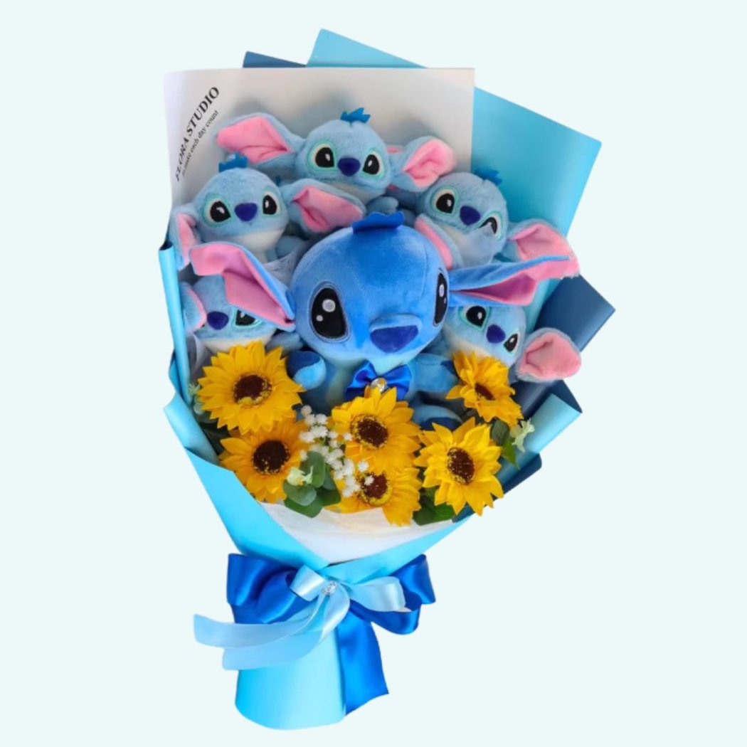 Het pluche boeket van Stitch en zijn mooie bloemen.
