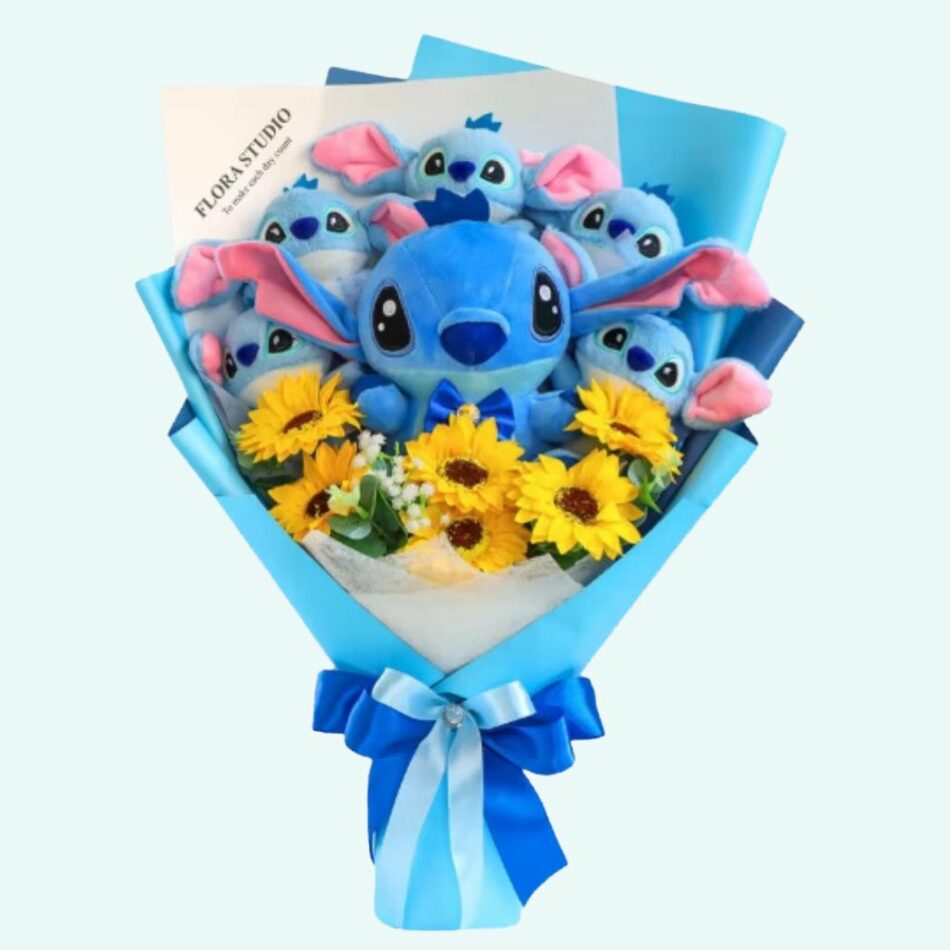 Het pluche boeket van Stitch en zijn mooie bloemen.