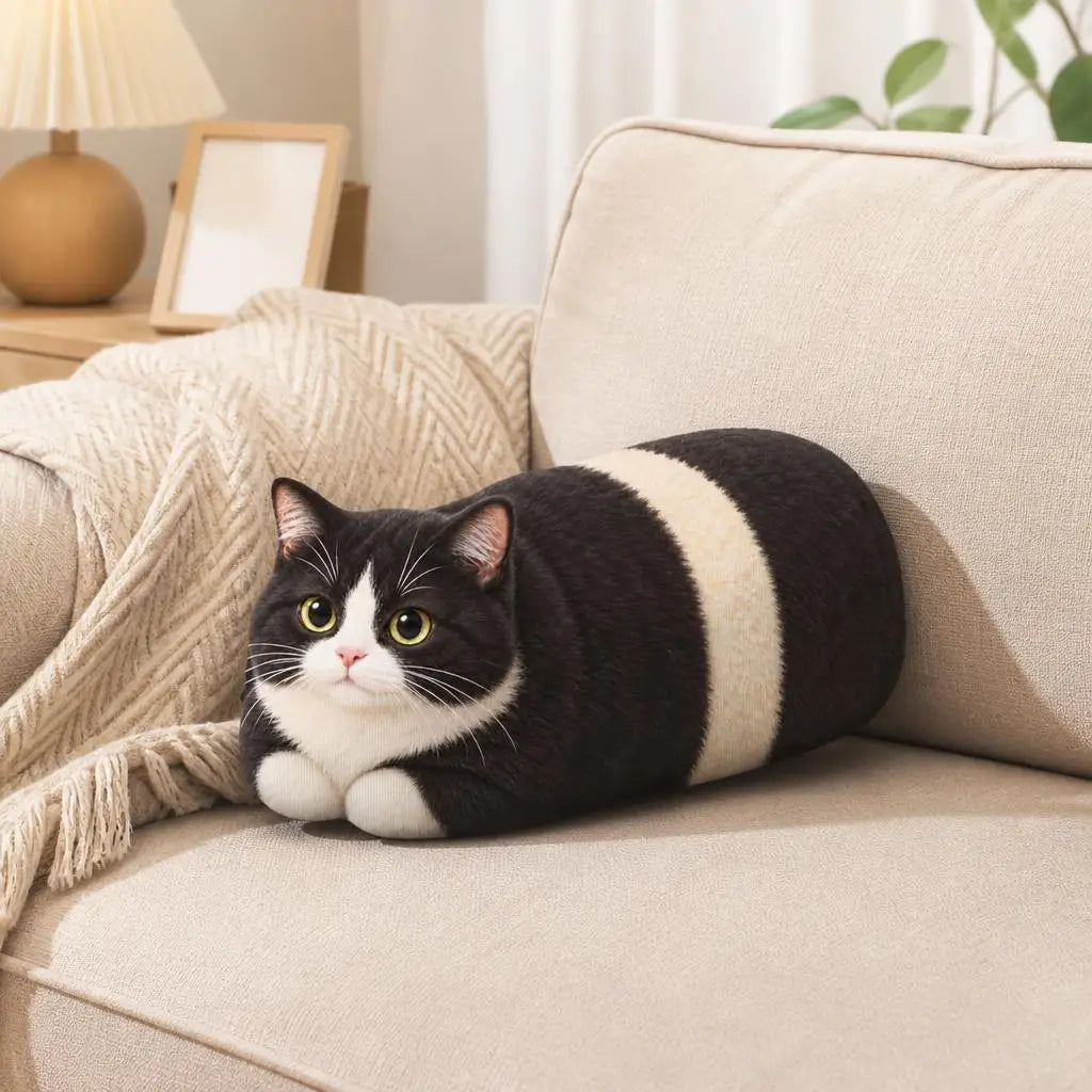 Kat Knuffelkussen Zwart Wit | Liggende Poes als Sierkussen De Knuffel