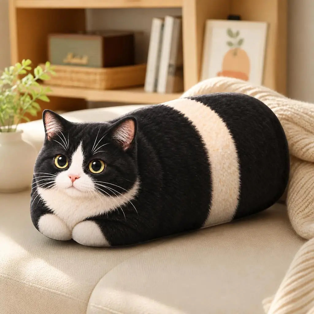 Kat Knuffelkussen Zwart Wit | Liggende Poes als Sierkussen De Knuffel