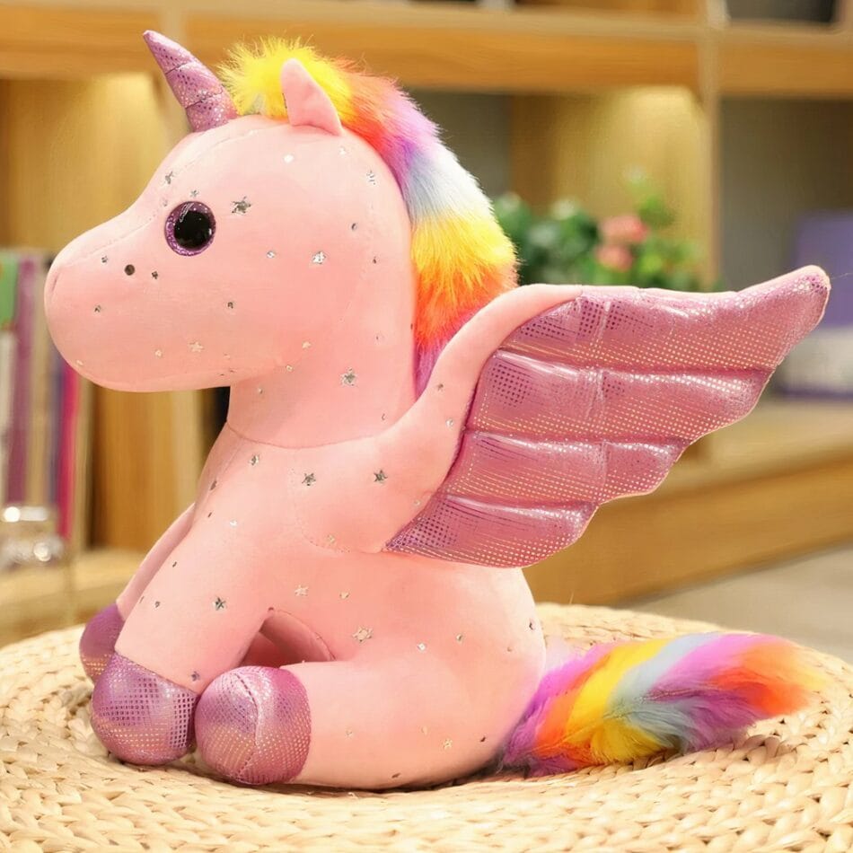 Knuffel Eenhoorn Met Glinsterende Vleugels En Regenboogmanen De Knuffel