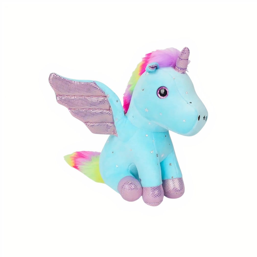 Knuffel Eenhoorn Met Glinsterende Vleugels En Regenboogmanen De Knuffel blauw