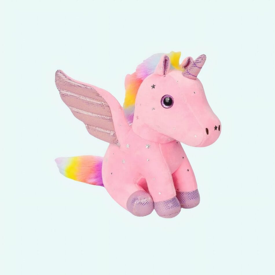 Knuffel Eenhoorn Met Glinsterende Vleugels En Regenboogmanen De Knuffel