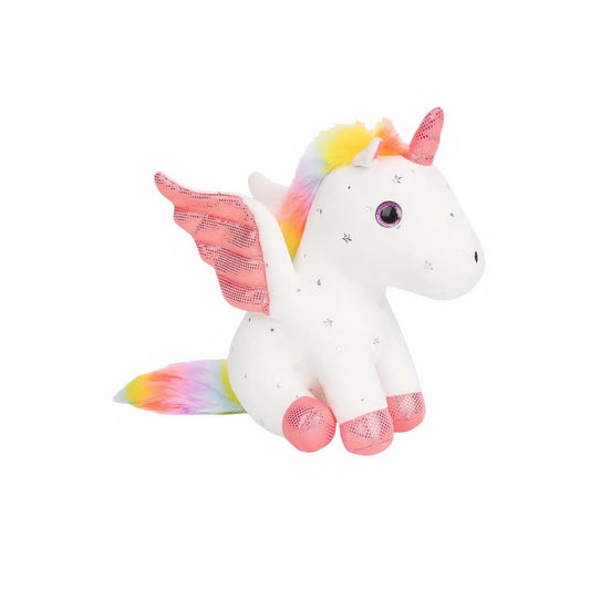 Knuffel Eenhoorn Met Glinsterende Vleugels En Regenboogmanen De Knuffel wit