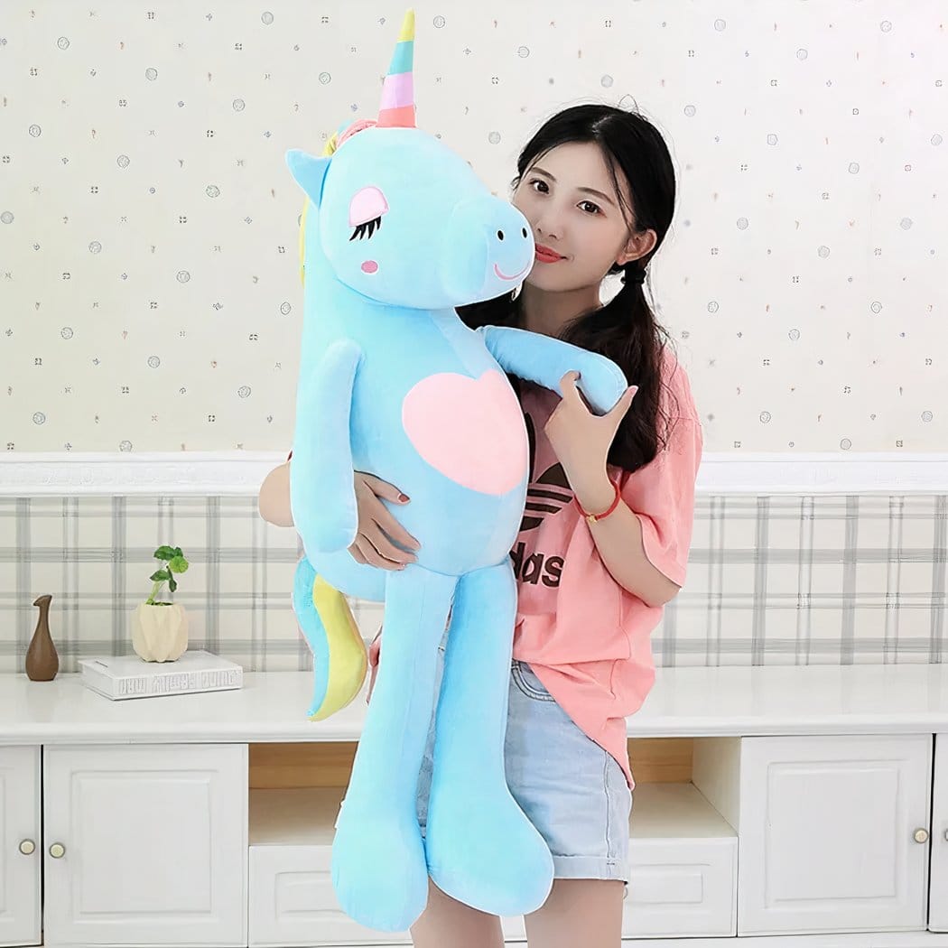 Knuffel Eenhoorn XXL Zachte Zijdeachtige Vacht Pastel Blau Roze Wit De Knuffel 110cm / blauw