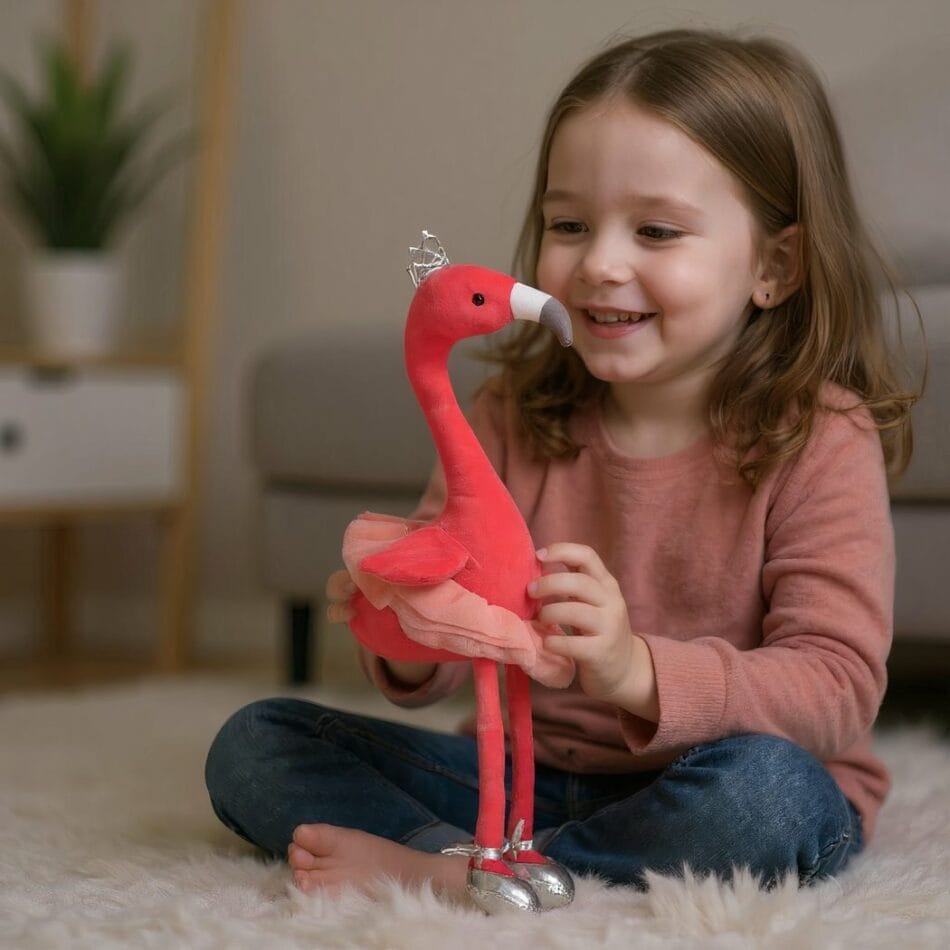 Knuffel Flamingo Roze Met Diamantenkroon, Tutu En Zilveren Schoentjes De Knuffel